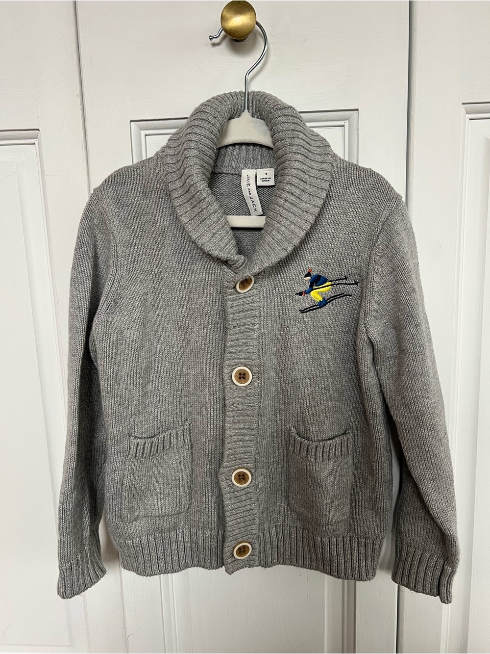 Janie and Jack Gray Shawl Collar Cardigan with Ski Embroidery